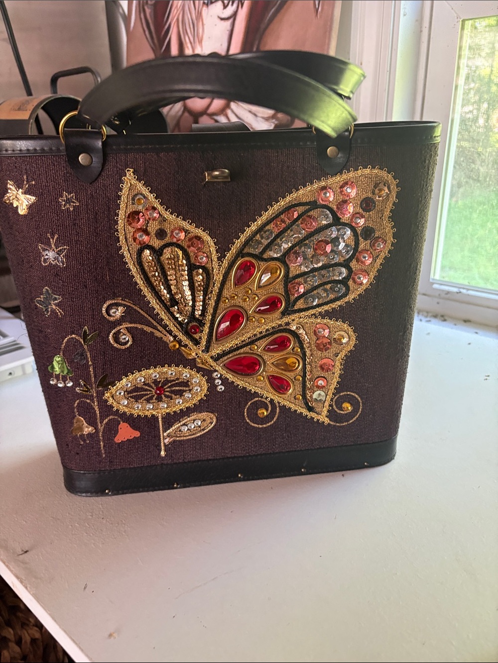 Butterfly Embellished Tote Bag - Black with Gold & Red Accents